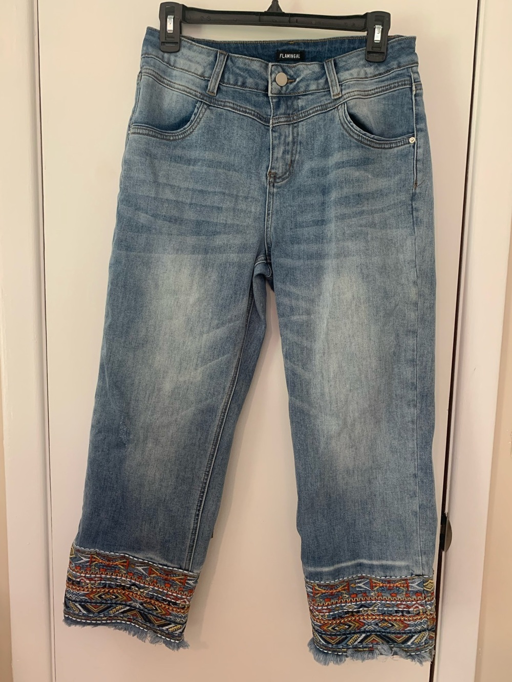⁠FLAMINGAL Boho Embroidered Fringe Cuff Capri Jeans Medium Blue Distressed Crop